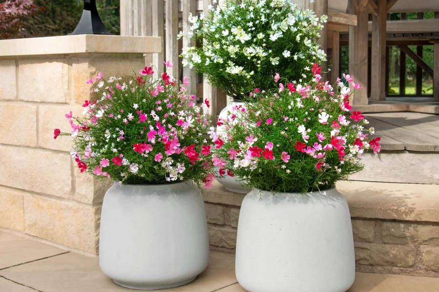 artificial flowers in large white pots