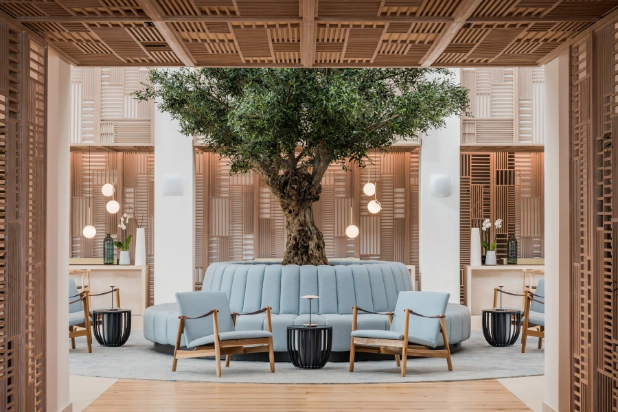 Bespoke artificial tree design in luxury hotel reception