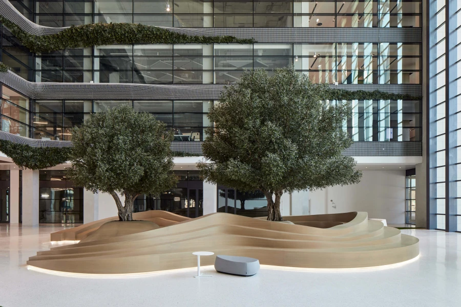 Large bespoke artificial olive trees in atrium