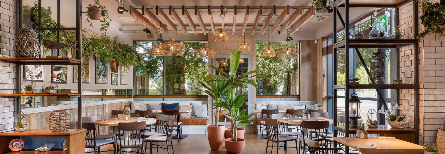 artificial plants in a restaurant
