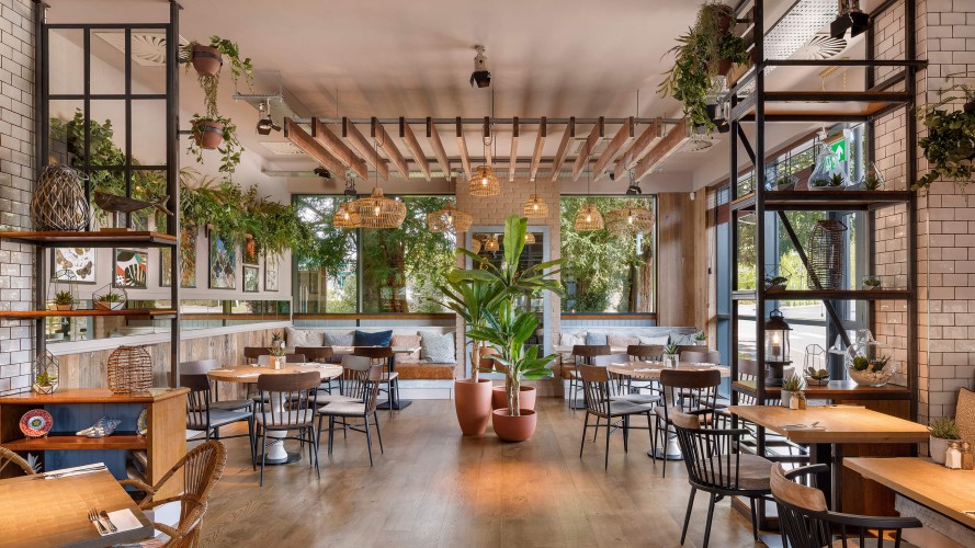artificial plants in a restaurant