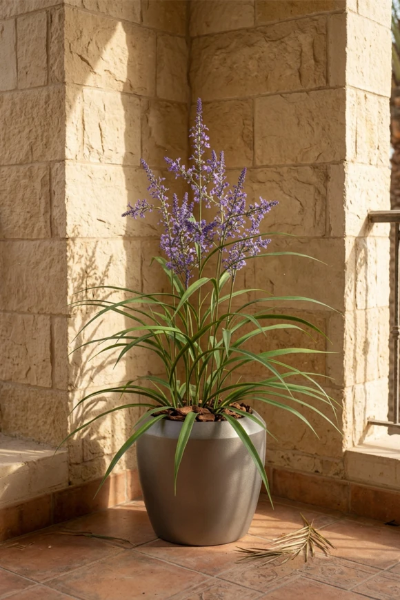 Outdoor Artificial Lavender Grass in Slate Earle Dumpy Pot - 110cm