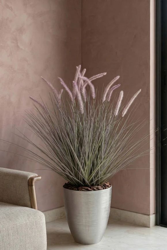 Artificial Dogtail Grass in Silver Buxley Pot - 110cm