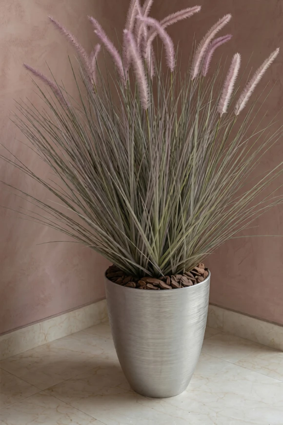 Artificial Dogtail Grass in Silver Buxley Pot - 110cm