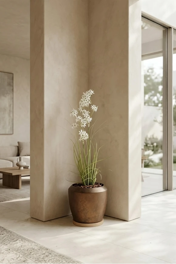 Artificial Allium Grass in Mocha Earle Dumpy Pot - 130cm