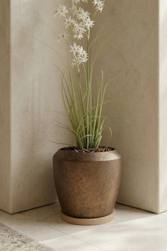 Artificial Allium Grass in Mocha Earle Dumpy Pot - 130cm