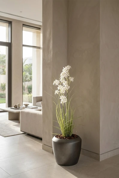 Artificial Allium Grass in Slate Earle Dumpy Pot - 130cm