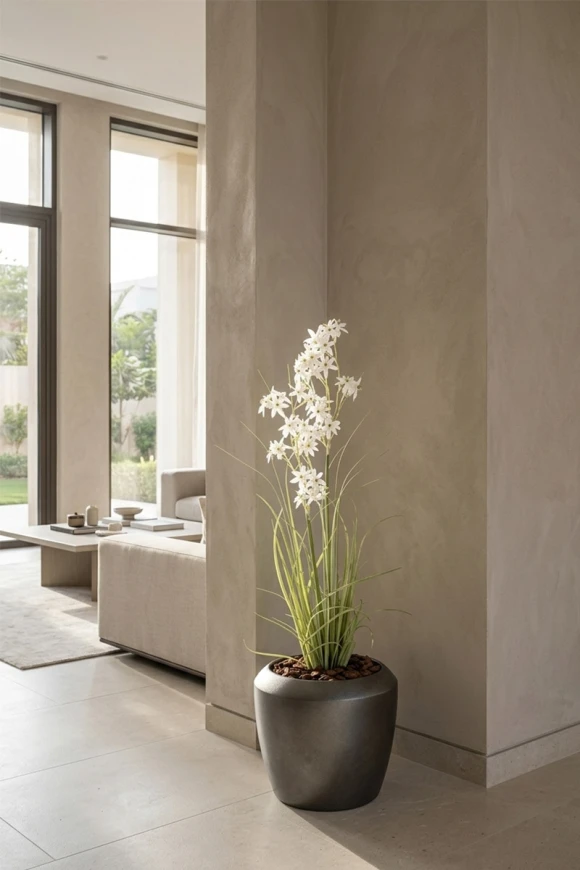 Artificial Allium Grass in Slate Earle Dumpy Pot - 130cm