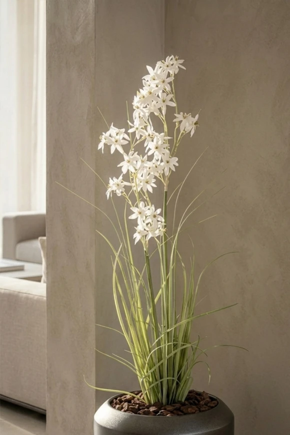 Artificial Allium Grass in Slate Earle Dumpy Pot - 130cm