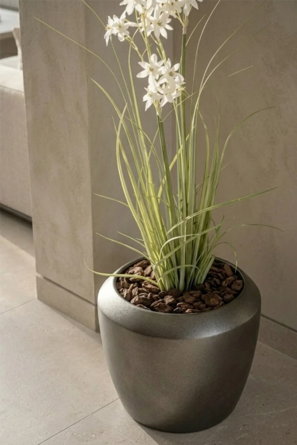 Artificial Allium Grass in Slate Earle Dumpy Pot - 130cm