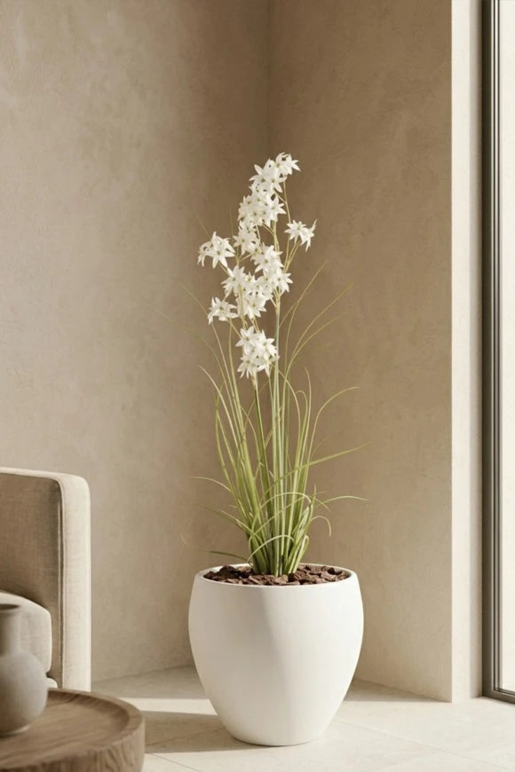 Artificial Allium Grass in White Easington Pot - 130cm