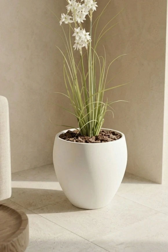 Artificial Allium Grass in White Easington Pot - 130cm