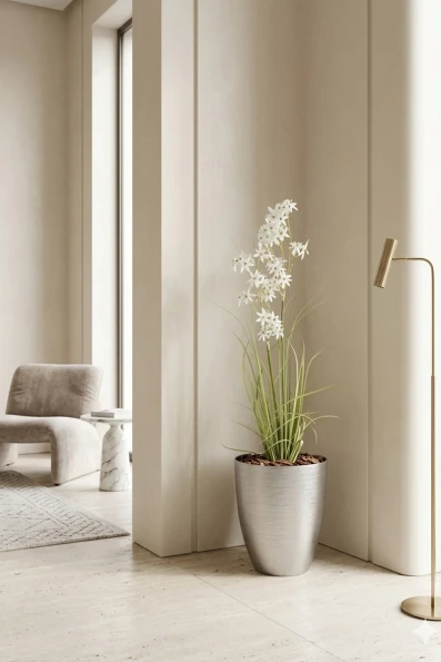 Artificial Allium Grass in Silver Buxley Pot - 130cm