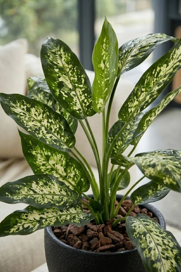 Artificial Dieffenbachia in Black Easington Pot - 80cm