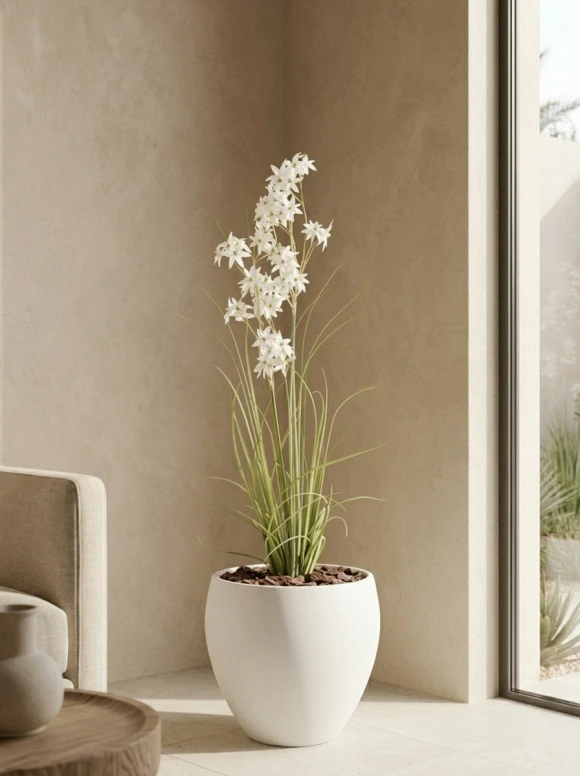 Artificial Allium Grass in White Easington Pot - 130cm
