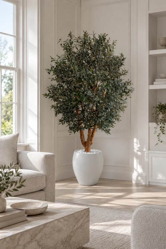 Image of Large Artificial Olive Tree In White Easington Pot - 240cm