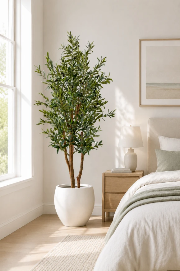 Artificial olive tree placed in a bedroom setting
