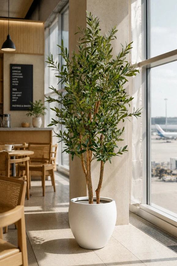 Artificial olive tree placed in an airport cafe