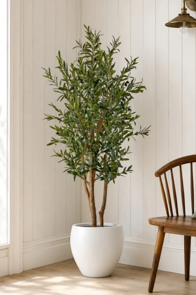 Artificial olive tree placed in a hallway setting