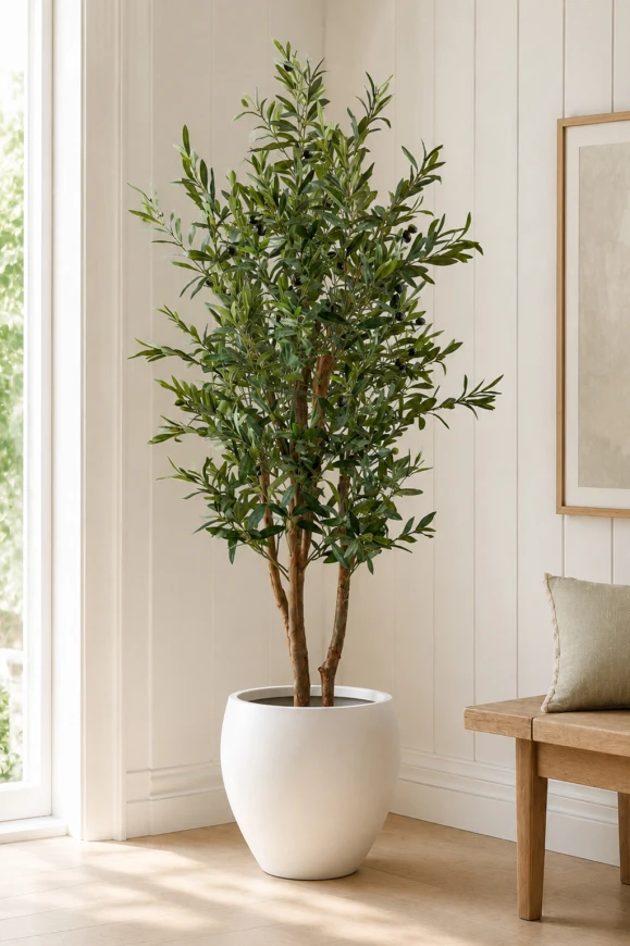 Artificial olive tree placed in a kitchen setting