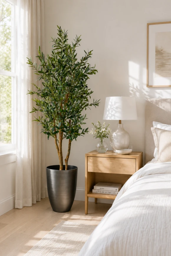 Artificial olive tree placed in a bedroom corner