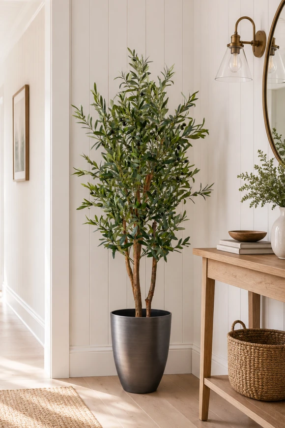 Artificial olive tree placed in a hallway