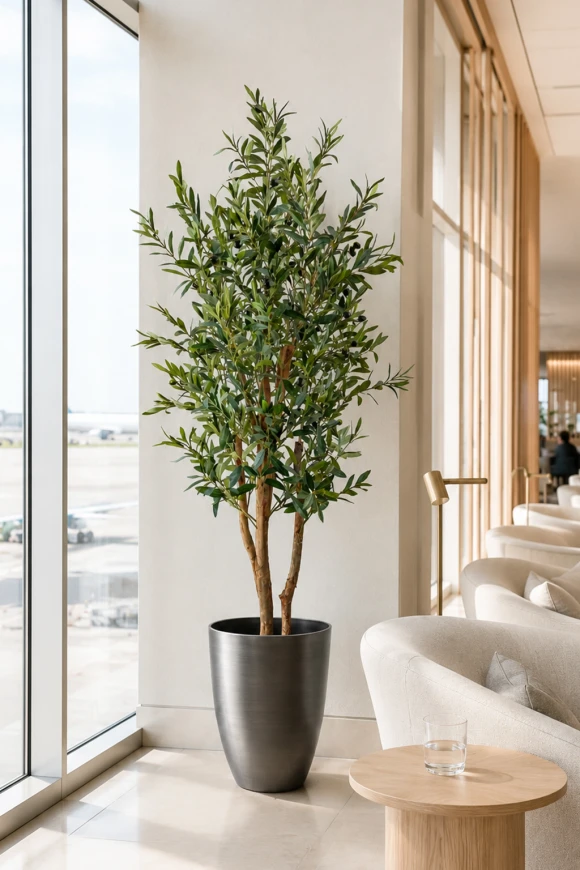 Artificial olive tree placed in an airport lounge