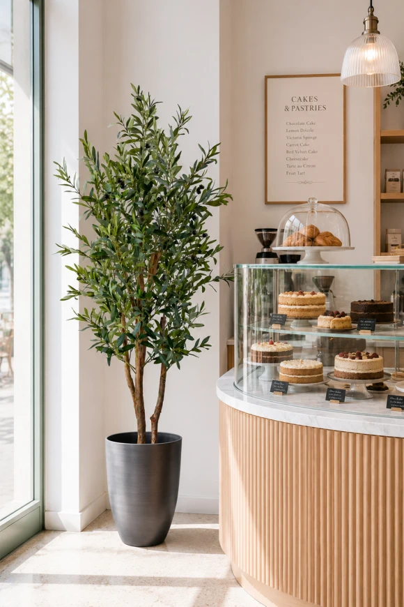Artificial olive tree placed in a bakery