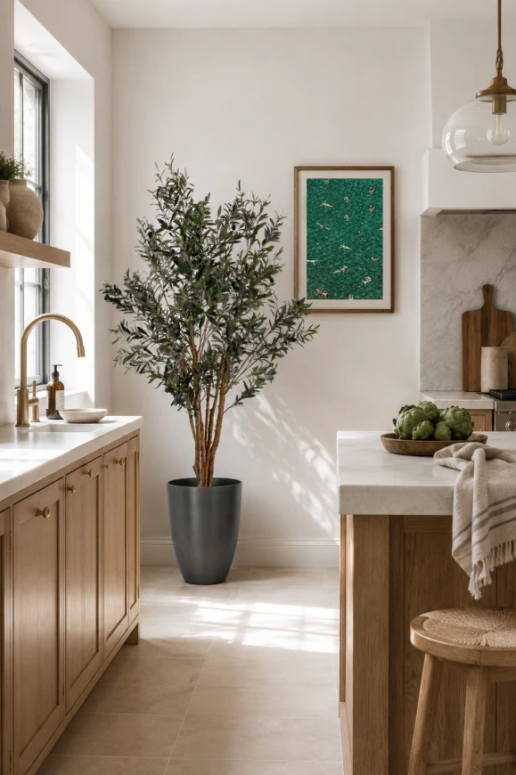 Artificial olive tree installed in a kitchen environment