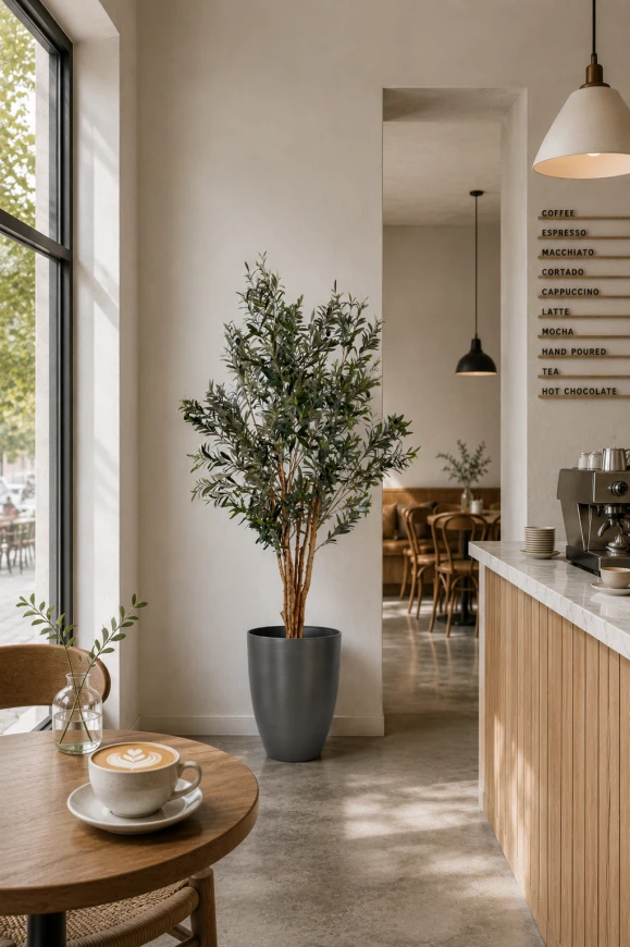 Artificial olive tree installed in a cafe environment