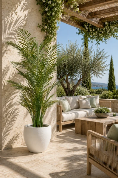 Palm tree installed in an outdoor seating area
