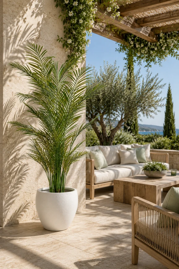Palm tree installed in an outdoor seating area