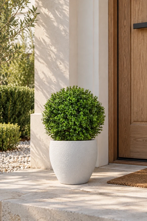 Image of UV Colourfast Artificial Buxus Ball in White Easington Pot - 50cm