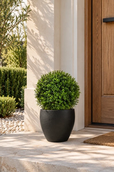Image of UV Colourfast Artificial Buxus Ball in Black Easington Pot - 50cm