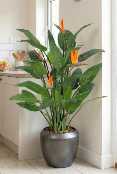 Artificial Flowering Bird of Paradise in Slate Earle Dumpy Pot - 120cm