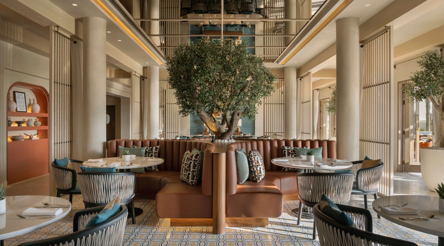 Bespoke artificial olive tree with integrated seating