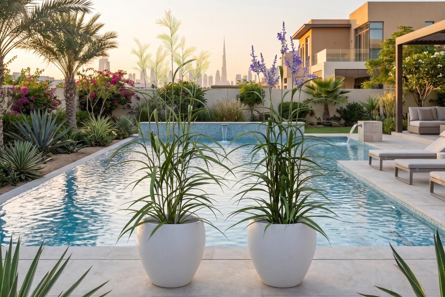 a serene outdoor villa pool surrounded by vibrant artificial flowers